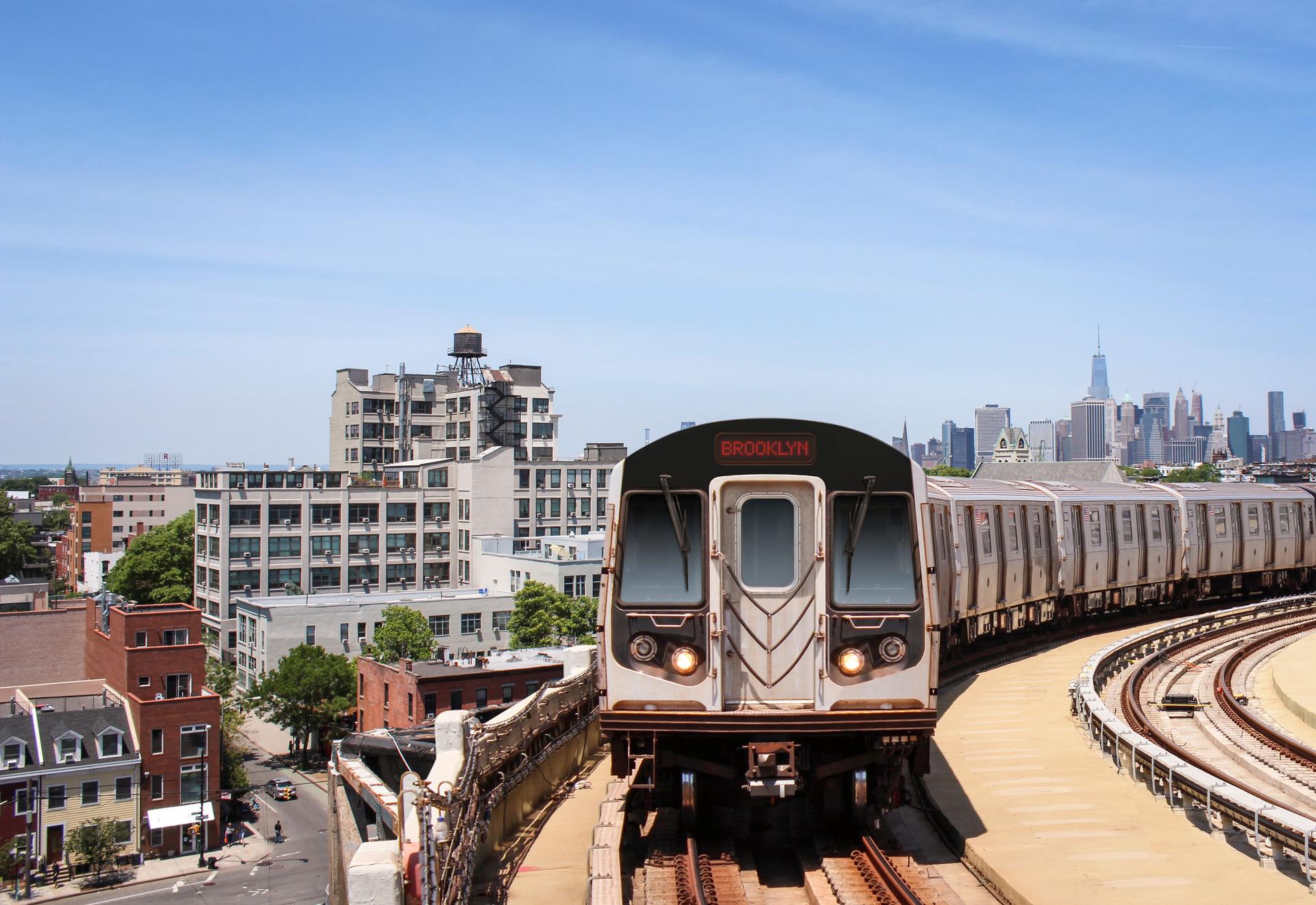 City skyline with a subway train