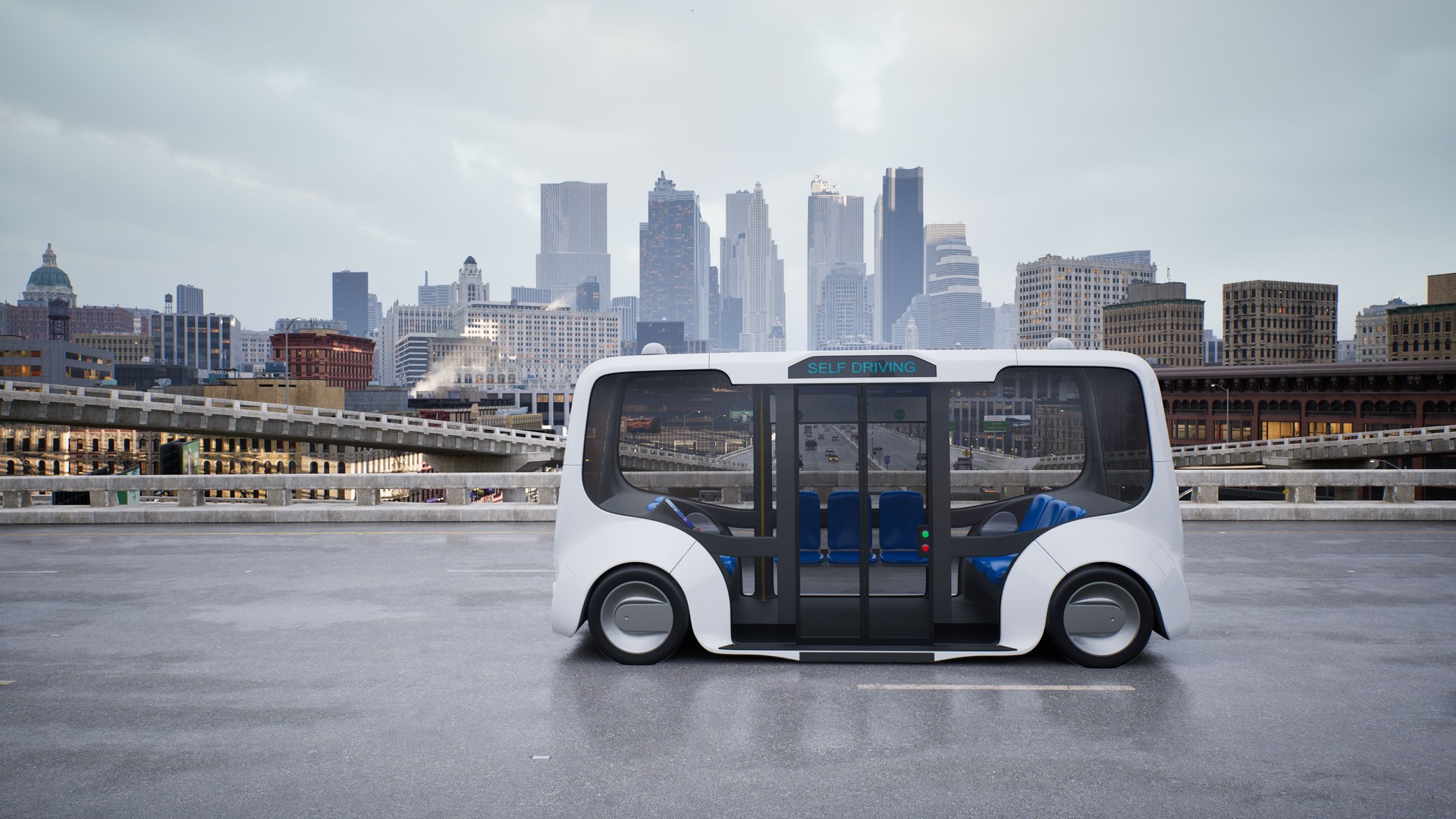 Autonomous electric bus self driving on street, Smart vehicle technology concept, 3d render
